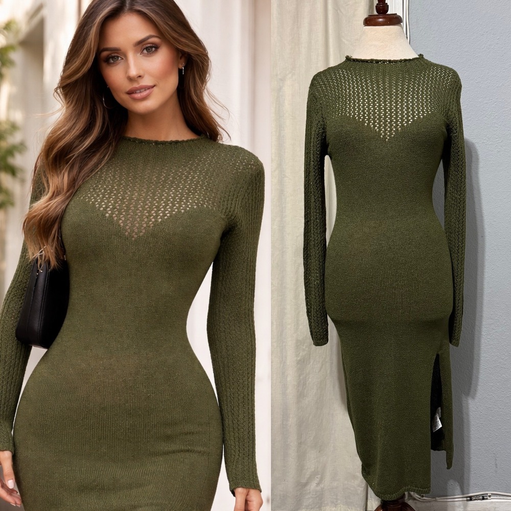 Almost Famous Y2K Olive Green Knit Midi Fairy Mesh Dress Long Sleeve SideSlit XL